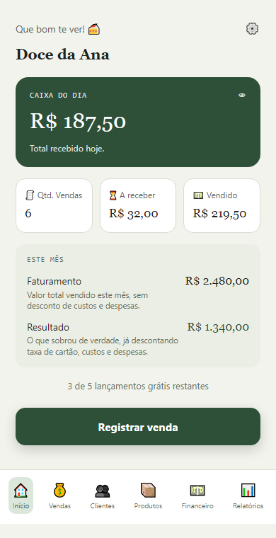 Tela do app com caixa, vendas e resultado do mês
